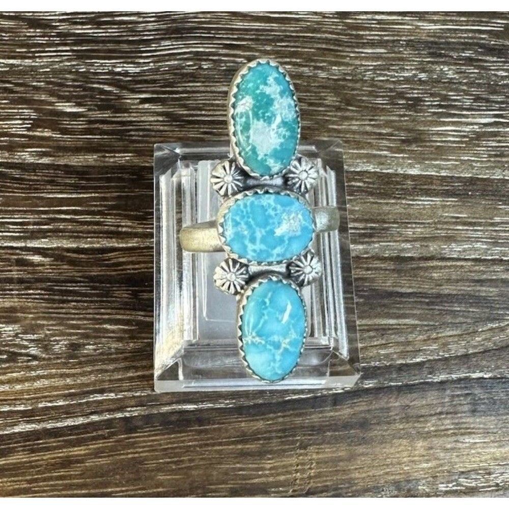 Native Southwest Style Sterling White Water Turquoise MultiStone Ring 7.25 Adj